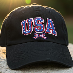 USA Bow Embroidered Hat, Patriotic Coquette Baseball Cap, 4th of July American Flag Bow Cap, Cute USA Girl Gift