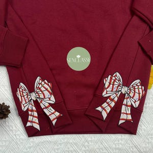 Coquette Christmas Side Bow Embroidered Sweatshirt, Merry Side Bow Cut-Out Sweatshirt, Plaid Christmas Pullover, Trendy Coquette Bow Shirt