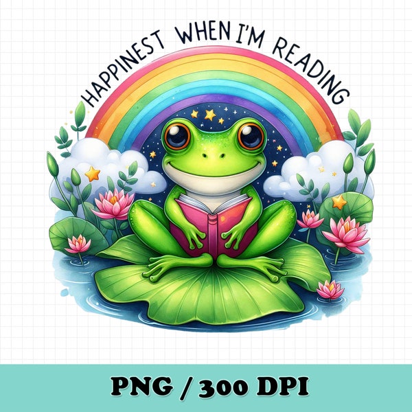 Happinest When I'm Reading PNG,Cute Frog PNG,Book Lover png,Rainbow PNG,Tshirt Sublimation Design,Animal sublimation design,Stickers