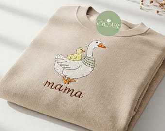 Enten Mutter und Baby gesticktes Sweatshirt, individuelles Datum Muttertagsgeschenk, personalisiertes Geburtstagsgeschenk für Frau, Entenliebhaber Geschenk, neue Mutter Geschenk