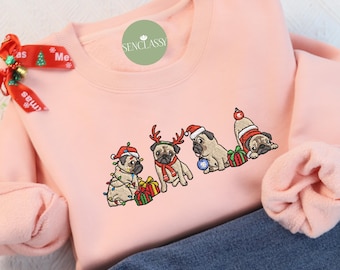 Embroidered Christmas Pug Dog Sweatshirt, Pug Dog Christmas Shirt, Reindeer Pug Shirt, Dog Lover Gift, Holiday Crewneck , Pug Dog Mom Shirt