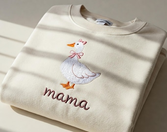Embroidered Duck Mama Sweatshirt, Duck Bow Mom Shirt, Animal Lover Gift, Mother's Day Gift For Mom, Mama Est Crewneck