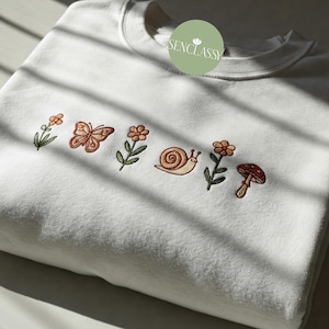 Mushroom Embroidered Sweatshirt, Cottagecore Clothing, Summer Vibes Tshirt, Gift for Mom, Granola Girl Shirt Nature Lover Gift, Insect Shirt