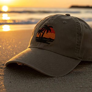 EMBROIDERED Sunset Washed Cap, Tropical Palm Tree Cap Embroidered, Travel Gifts for Adventure Lover, Trendy Beach Hat for mom Dad