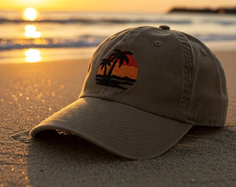 EMBROIDERED Sunset Washed Cap, Tropical Palm Tree Cap Embroidered, Travel Gifts for Adventure Lover, Trendy Beach Hat for mom Dad