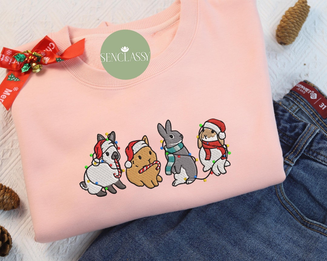 Holiday Rabbit Sweaters Bunny Christmas Lights Embroidered Sweatshirt, Cute Rabbit Sweater ...