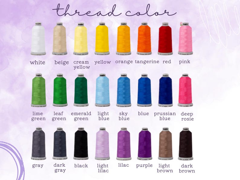 May include: An image displaying a color chart of thread spools. The chart includes a variety of colors such as white, beige, yellow, orange, red, pink, green, blue, purple, and brown. The text "thread color" is at the top.