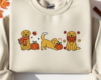 Golden Retriever Fall Pumpkin Embroidered Sweatshirt, Halloween Ghost Dog Crewneck, Spooky Dog Shirt, Fall Sweatshirt Halloween Dog Mom Gift