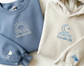 Personalized Sun And Moon Couple Hoodies With Custom Roman Numerals & Sleeve Initials - Matching His And Hers Anniversary Sweatshirt Gift
