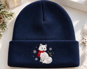 Arctic Fox Christmas Embroidered Beanie, White Snow Fox Winter Knit Hat, Woodland Animal Cuffed Beanie, Christmas Gift