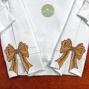 Gingerbread Side Bow Embroidered Sweatshirt, Merry Side Bow Cut-Out Sweatshirt, Plaid Christmas Pullover, Trendy Coquette Bow Sweatshirt