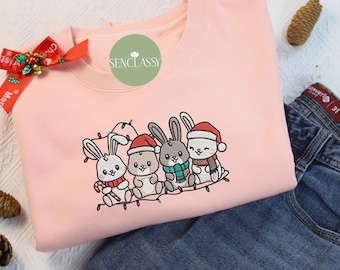 Bunny Christmas Lights Embroidered Sweatshirt, Cute Rabbit Sweater, Christmas Rabbit Gift For Woman Holiday Crewneck, Christmas Animal Shirt