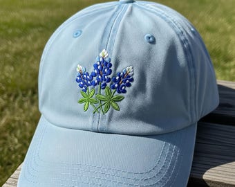 Bluebonnet Embroidered Baseball Hat, Texas Wildflower Cap, Floral Garden Gift, Cute Southern Baseball Hat, Gift for Her, Nature Lover Cap