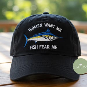Women Want Me Fish Fear Me Embroidered Hat, Funny Fishing Washed Dad Hat, Meme Baseball Cap for Men, Fly Fishing Gift, Angler Humor Hat