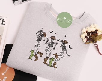 Howdy Cowboy Dancing Skeleton Embroidered Sweatshirt, Western Halloween Party Shirt for Women, Dancing Skeleton Pumpkin Shirt, Gifts For Her