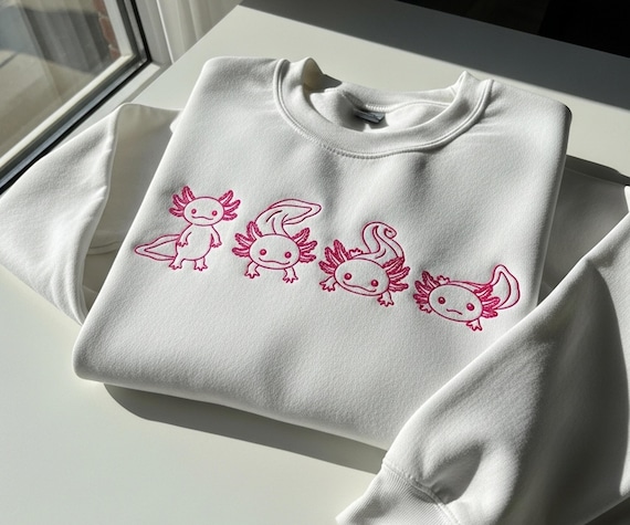 Cute Axolotl Embroidered Sweatshirt, Walking Fish T-Shirt, Axolotl Mom Sweatshirt, Axolotl Lover Gift, Amphibian Shirts, Pet Axolotl Gifts