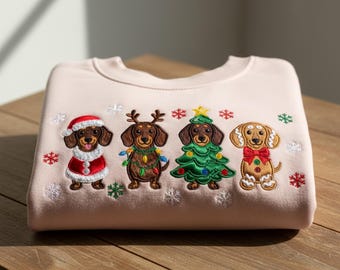 Dachshund Christmas Embroidered Shirt | Funny Wiener Dog Holiday Sweatshirt | Cute Sausage Dog Lover Xmas Sweater for Dog Owner