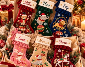 Personalized Christmas Stocking Circus Animals, Santa Circus Holiday Stocking, Kids Xmas Gift