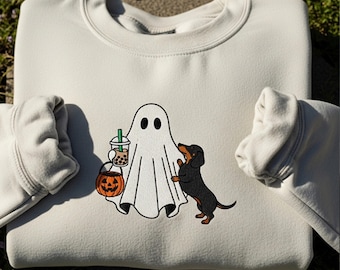 Embroidered Halloween Dachshund Sweatshirt Ghost Doxie T-shirt With Pumpkin Spice Latte - Spooky Season Dog Mom Fall Gift Tee for Women