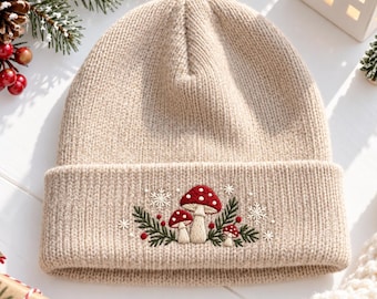 Christmas Mushroom Embroidered Beanie, Woodland Toadstool Knit Hat, Winter Snowflake Cuffed Beanie, Christmas Gift