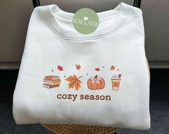 Cozy Season Fall Leaves Embroidered Sweatshirt, Spooky Fall Hoodie, Coquette Pumpkin Spice Shirt, Fall Sweatshirts For Women, Thanksgiving