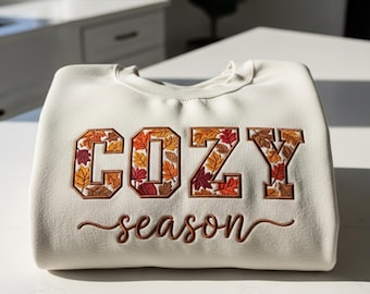 Cozy Season Embroidered Sweatshirt, Retro Autumn Leaf Fall Sweater, Cute Thanksgiving Pumpkin Spice Crewneck, Cozy Cottagecore Gift for Her