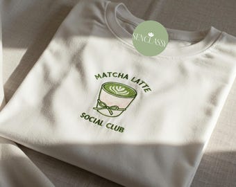 Matcha Latte Lover Club Embroidered Shirt, Cute Aesthetic Matcha Tee, Kawaii Iced Green Tea Gift, Trendy Drink Shirt for Matcha Fans