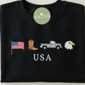 USA Embroidered Icons Crewneck Sweatshirt | America Sweatshirt | 4th of July crewneck | Country, Western, Cowboy Sweatshirt