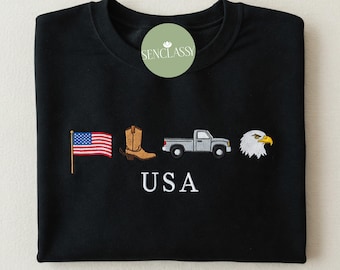 USA Embroidered Icons Crewneck Sweatshirt | America Sweatshirt | 4th of July crewneck | Country, Western, Cowboy Sweatshirt