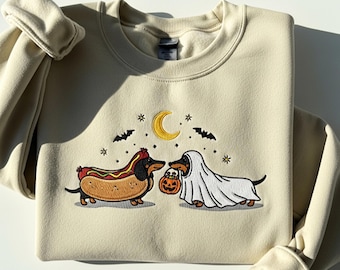 Halloween Dachshund Embroidered Shirt Cute Ghost Dog Costume Tee For Dog Moms Fall T-Shirt For Doxie Lovers & Spooky Season Sweater