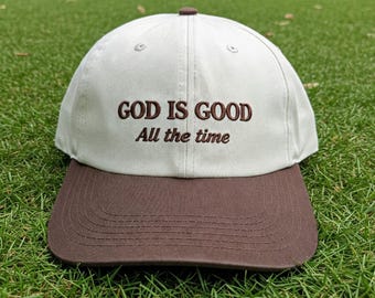 God is goed de hele tijd geborduurde snapback tweekleurige crèmekleurige hoed, aangepaste christelijke truckerhoed, geloofshoed voor vrouwen, religieuze hoed voor haar