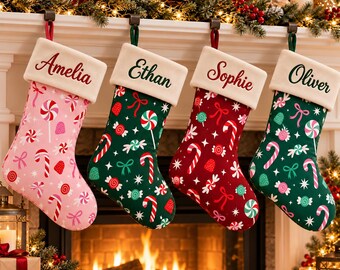 Personalized Christmas Candy Stockings, Custom Name Candy Cane Holiday Stocking, Family Mantel Decor Gift