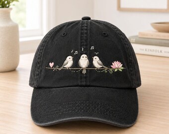 Bird Embroidered Baseball Hat, Cottagecore Bird Cap, Floral Hat, Nature Lover Gift