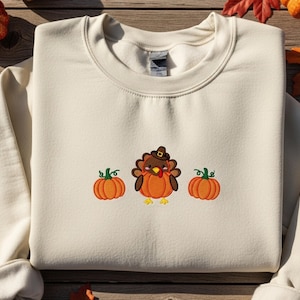 Happy Thanksgiving Embroidered Turkey and Pumpkins Sweatshirt, Cute Fall Pumpkin Shirt, Cozy Thanksgiving Gift for Women, Autumn Holiday Tee