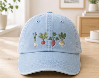Vegetable Embroidered Baseball Hat, Garden Veggie Washed Cotton Cap, Farmer Market Hat, Gardening Gift