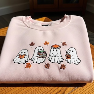 Ghost Reading Book Embroidered Sweatshirt Halloween