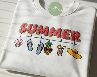 Anpassad sommarvibbar broderad rundhalsad tröja, snäckskalstrandtröja, sommarvibbar-hoodie, nautisk mysig skjorta, strandsemester-runthalsad tröja