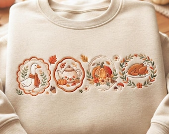 Thanksgiving Goose Embroidered Sweatshirt, Pumpkin Harvest Crewneck, Autumn Gift