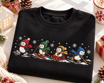 Penguin Christmas Sports Embroidered Sweatshirt, Skiing Sledding Ice Hockey Penguin Crewneck, Penguin Lover Gift