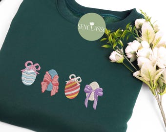 Embroidered Coquette Easter Egg with Pink Bow Sweatshirt, Easter Egg Shirt, Coquette Easter Tee, Girly Bows Aesthetic Shirt
