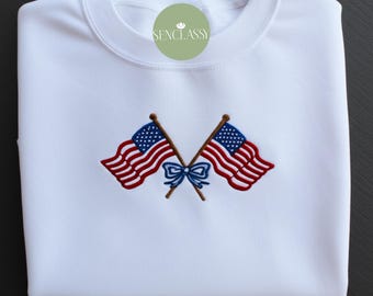 Broderad kokett-tröja med rosett från USA, amerikansk flagga-tröja för kvinnor, flickig 4 juli-luvtröja, patriotisk sommartröja, självständighetsdagen-tröja