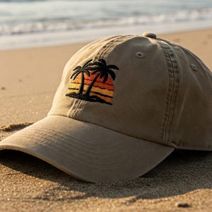 EMBROIDERED Sunset Baseball Cap, Tropical Palm Tree Cap Embroidered, Travel Gifts for Adventure Lover, Trendy Beach Hat for mom Dad