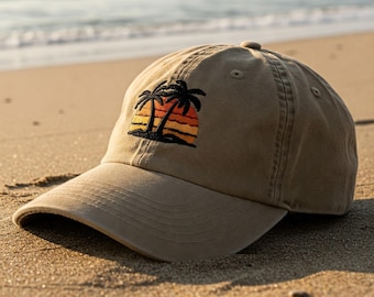 EMBROIDERED Sunset Baseball Cap, Tropical Palm Tree Cap Embroidered, Travel Gifts for Adventure Lover, Trendy Beach Hat for mom Dad