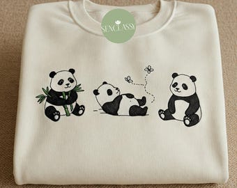 Sudadera bordada con panda enrollado, bonito jersey extragrande con panda, regalo divertido para amantes de los pandas, suéter para amantes de los animales, camiseta acogedora con diseño de oso panda