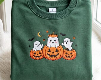 Ghost Pumpkin Embroidered Sweatshirt, Spooky Pumpkin Crewneck, Halloween Gift