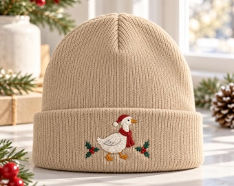 Goose Christmas Embroidered Beanie, Santa Goose Winter Knit Hat, Christmas Holly Goose Beanie, Goose Lover Gift