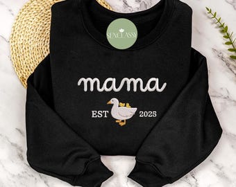 Embroidered Custom Mama Duck Sweater, Varsity Mama Personalized Child Name Crewneck, Mama Est Year Tee, New Mom Gift, Mom Life Sweatshirt