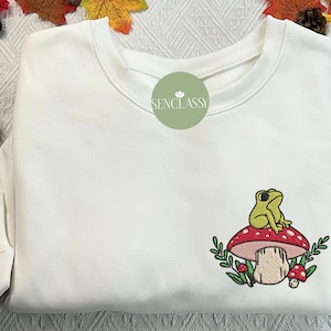 Cute Frog And Mushroom Embroidered Sweatshirt, Funny Kawaii Frog Shirt, Natural Lover Gift, Cottagecore Embroidery, Forest Animal Shirt