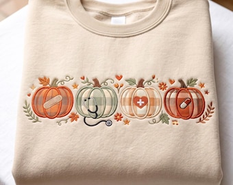 Fall Pumpkin Nurse Embroidered Sweatshirt, Medical Faux Applique Crewneck, Thanksgiving Nurse Gift