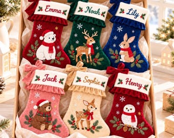 Personalized Luxury Velvet Christmas Stockings, Custom Embroidered Stocking with Name, Woodland Animal Christmas Decor, Christmas Gift